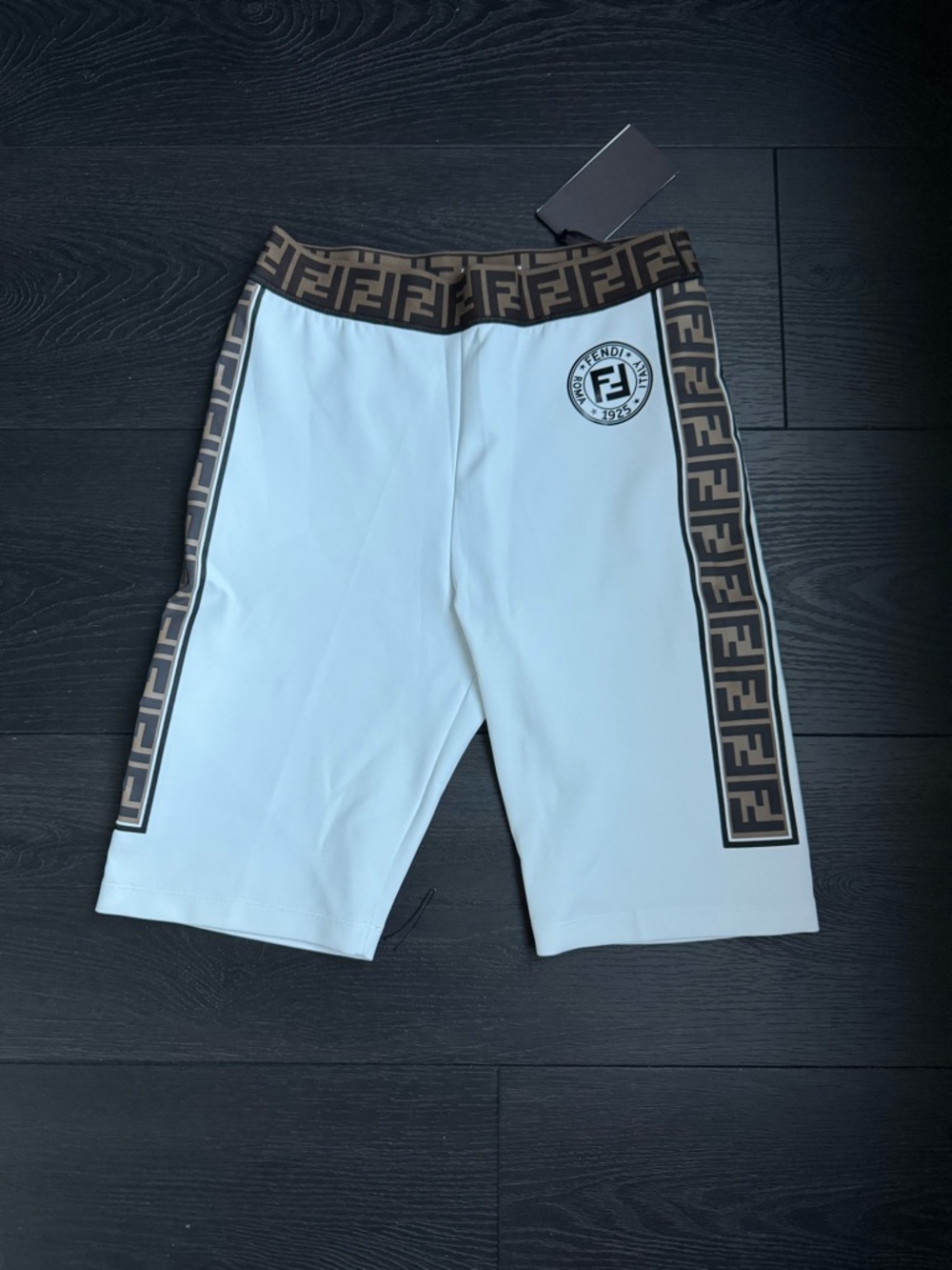 Fendi White Biker Shorts with Brown FF Tape Trim